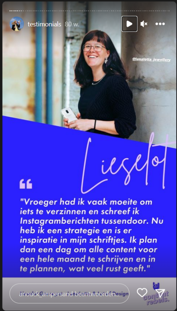storytelling op sociale media: Lieselot op Instagram Stories Ampersand